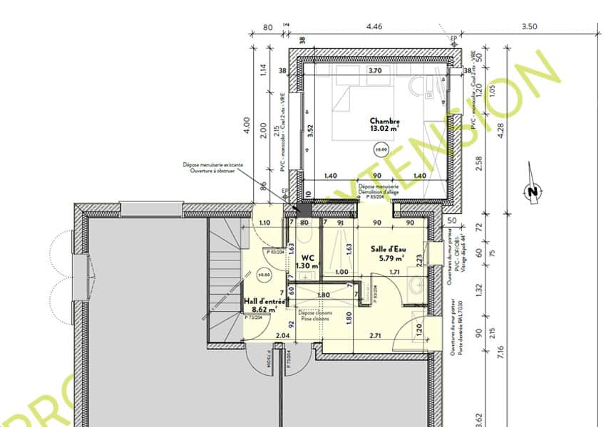 Plan de l'agrandissement et de la rénovation de l'existant.