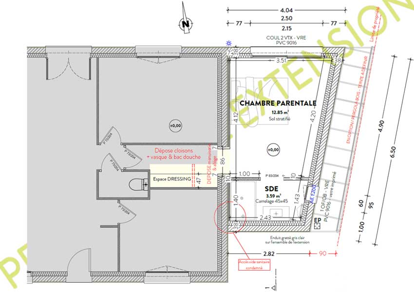 Le plan de l'extension de maison à Torcé.